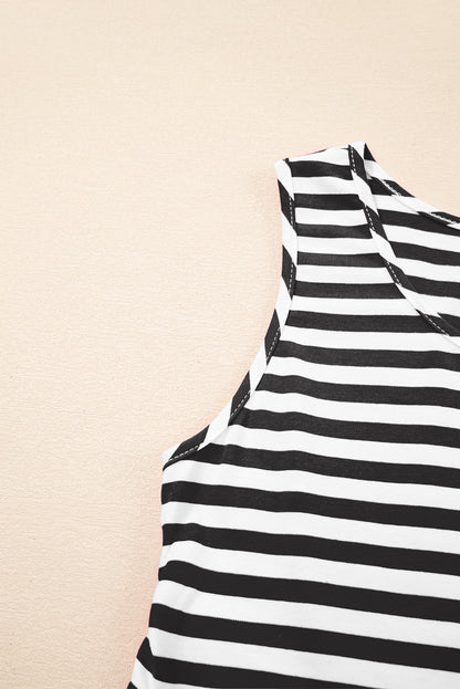 Black White Stripe U-Neck Sleeveless Loose Mini Dress