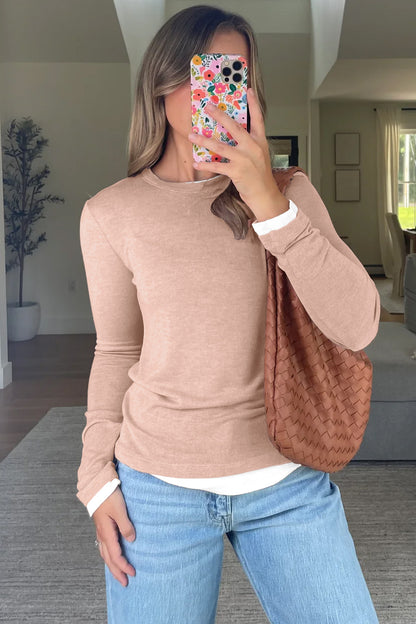 Smoke Gray Color Block False Two Piece Long Sleeve Top