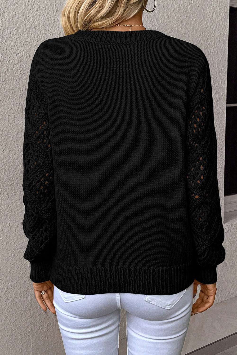 Beau Blue Solid V Neck Pointelle Knit Sleeve Patchwork Sweater
