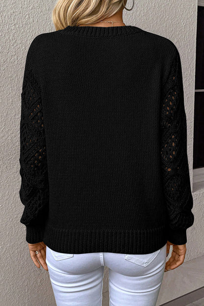 Beau Blue Solid V Neck Pointelle Knit Sleeve Patchwork Sweater