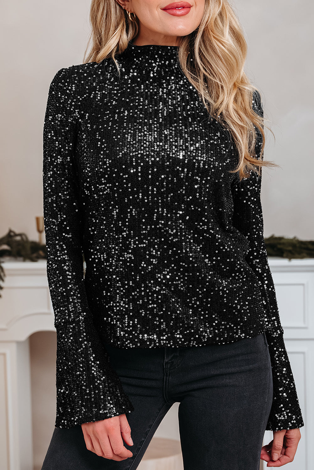 Sparkly Black Sequin Mock Neck Open Back Bell Sleeve Top