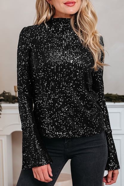 Sparkly Black Sequin Mock Neck Open Back Bell Sleeve Top