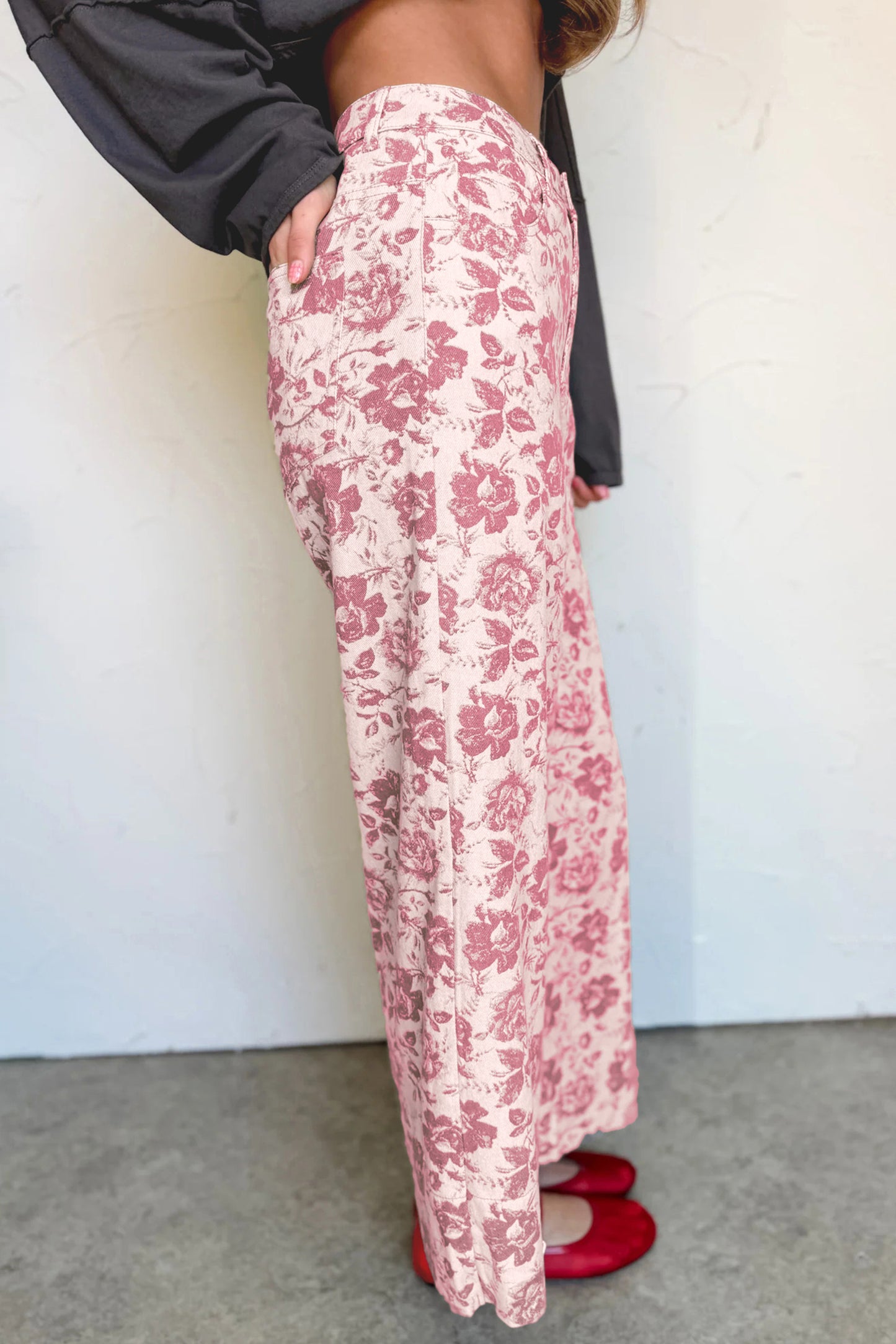 Pink Vintage Floral Print Wide Leg Denim Pants