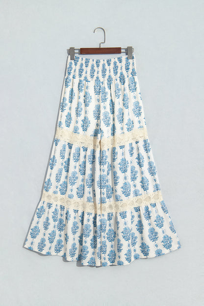 Sky Blue Floral Print Lace Patchwork Detail Wide Leg Pants