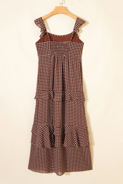 Brown Polka Dot Ruffle Tiered Square Neck Maxi Dress