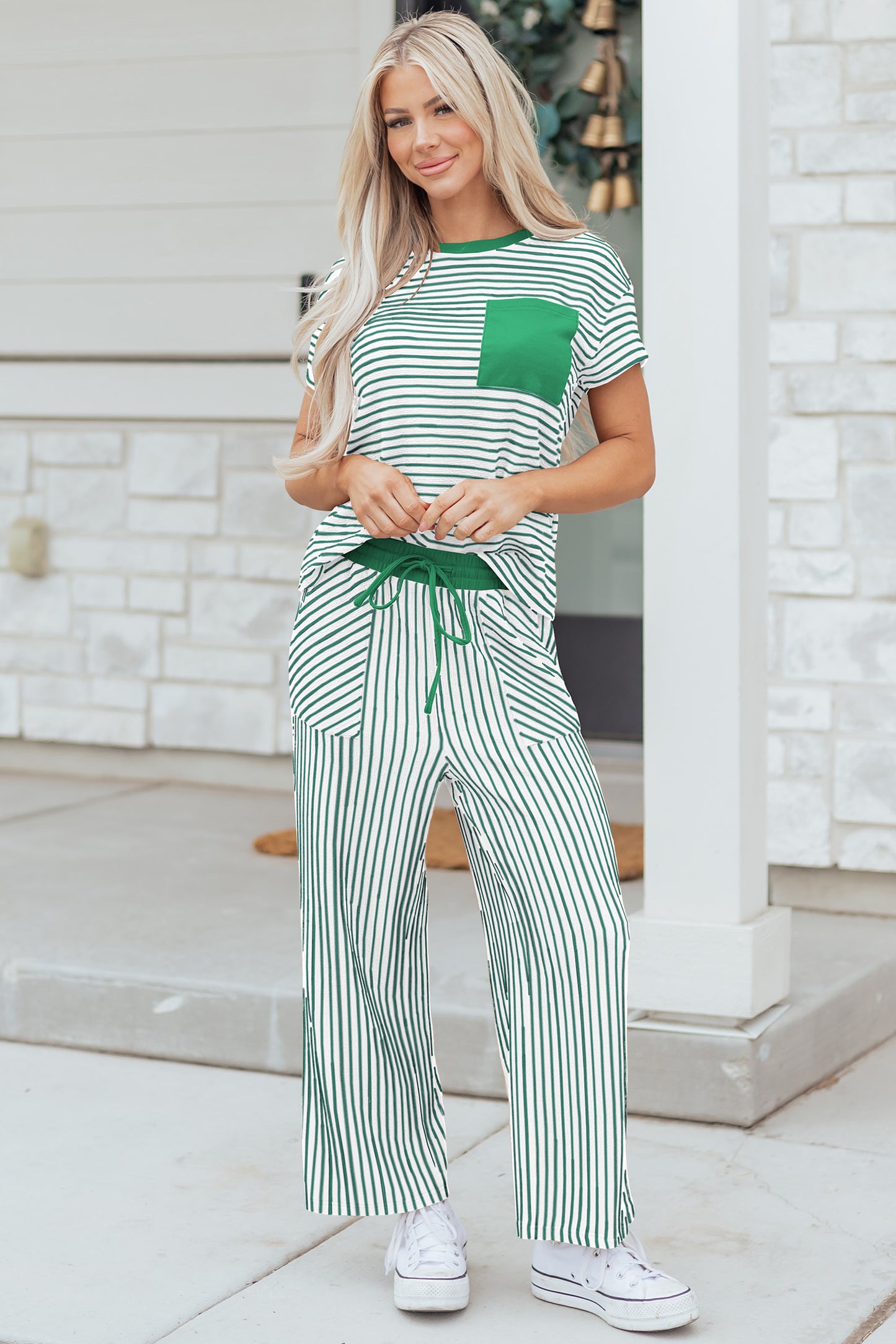 Khaki Stripe Crew Neck Tee Drawstring Waist Cropped Pants Set