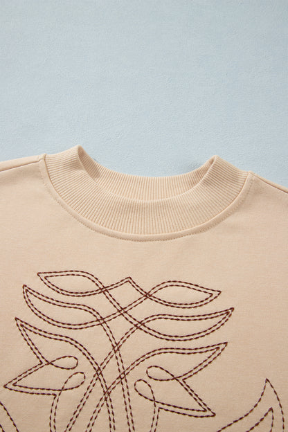 Light French Beige Western Embroidery Round Neck Pullover Long Sleeve Sweatshirt