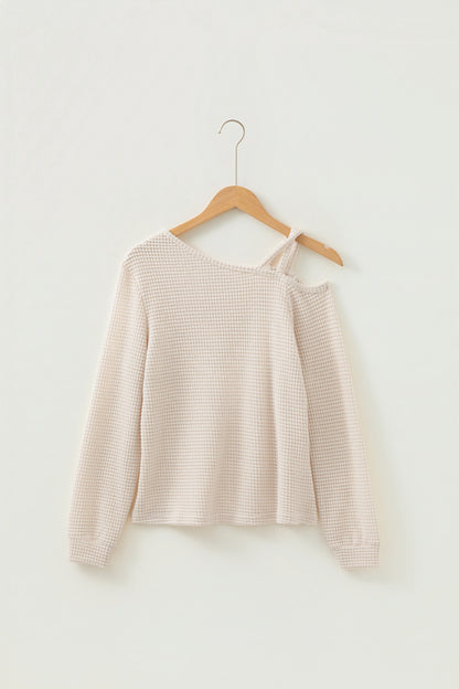 Textured Knit Asymmetrical Shoulder Long Sleeve Top