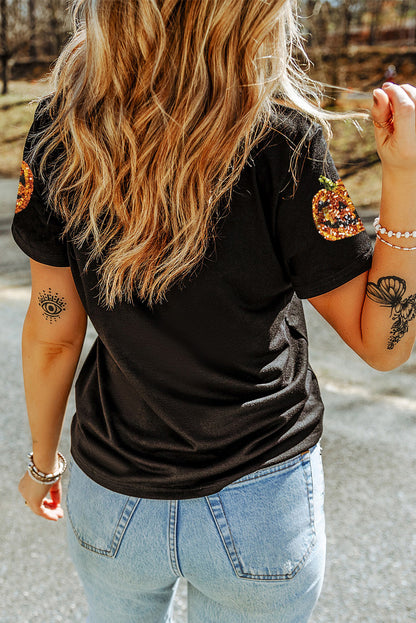 Women's Black Sequin Pumpkin Halloween T-Shirt