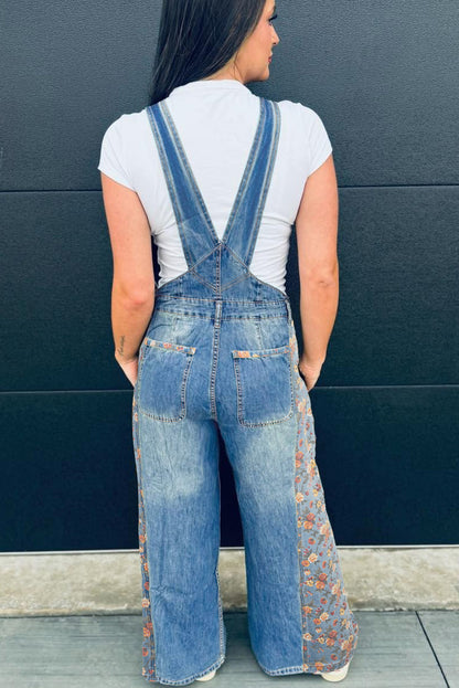 Blue Floral Patchwork Wide Leg Denim Overalls Jumpsuit