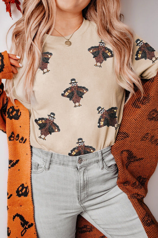 Khaki Sequined Turkey Graphic Crewneck Thanksgiving Tee