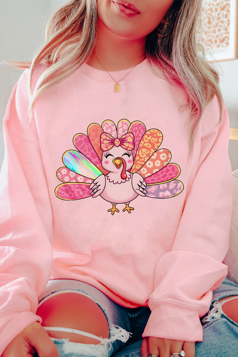 Pink Turkey Thanksgiving Graphic Drop Shoulder Sweatshirt