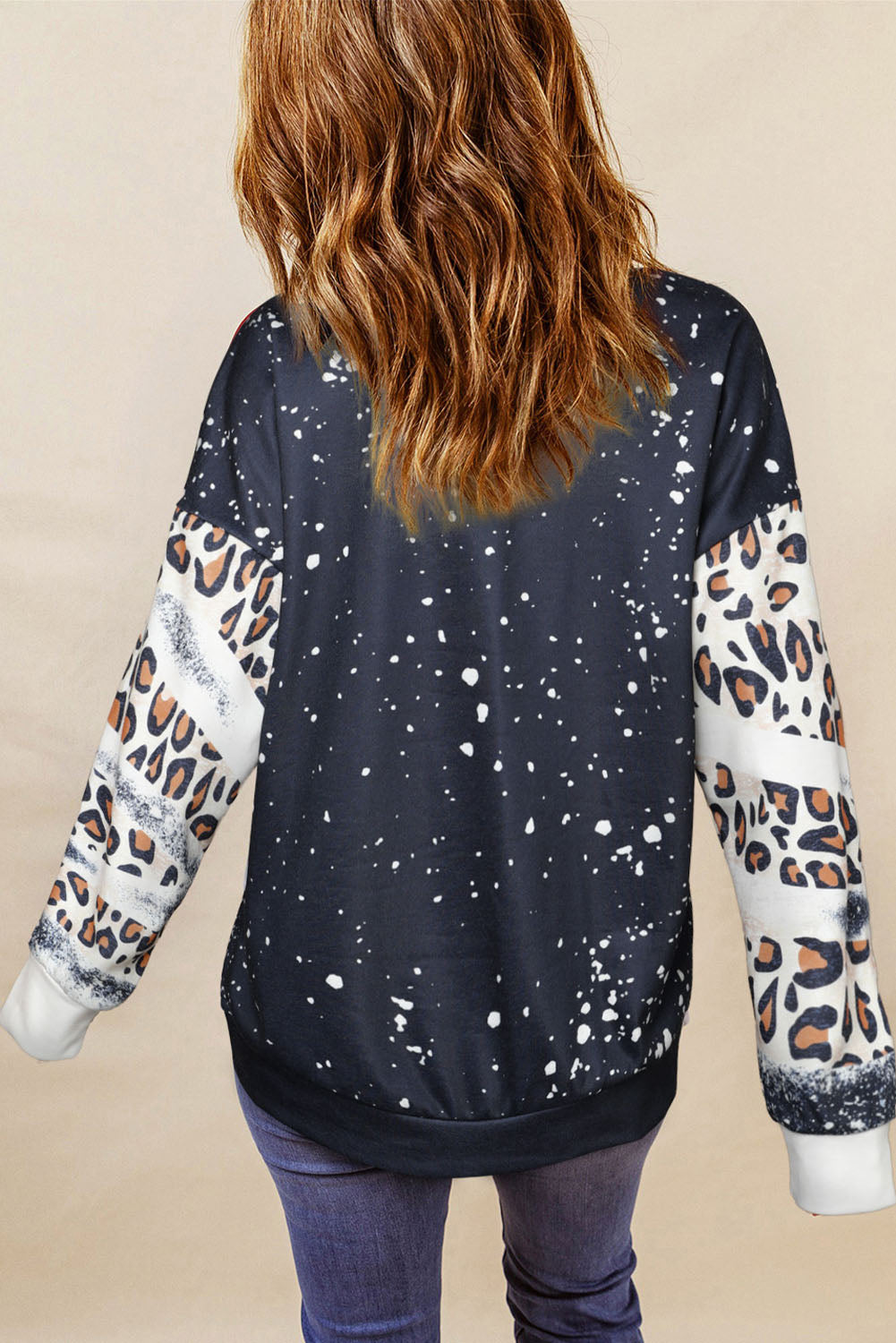 Black Tie Dye Leopard Drop Shoulder Crewneck Sweatshirt