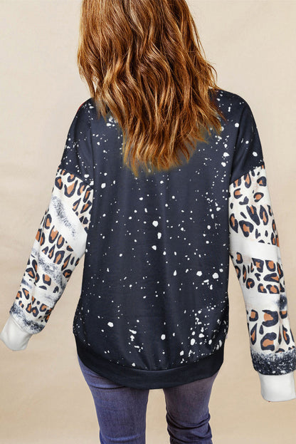 Black Tie Dye Leopard Drop Shoulder Crewneck Sweatshirt