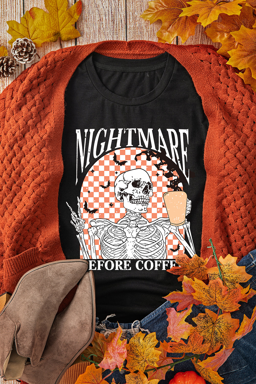 Black Nightmare Coffee Skeleton Halloween Graphic T Shirt