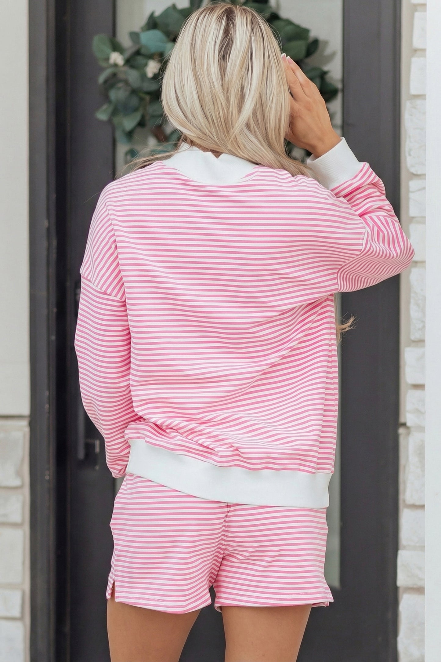 Pink Stripe Oversized Mock Neck Sweatshirt Shorts Set