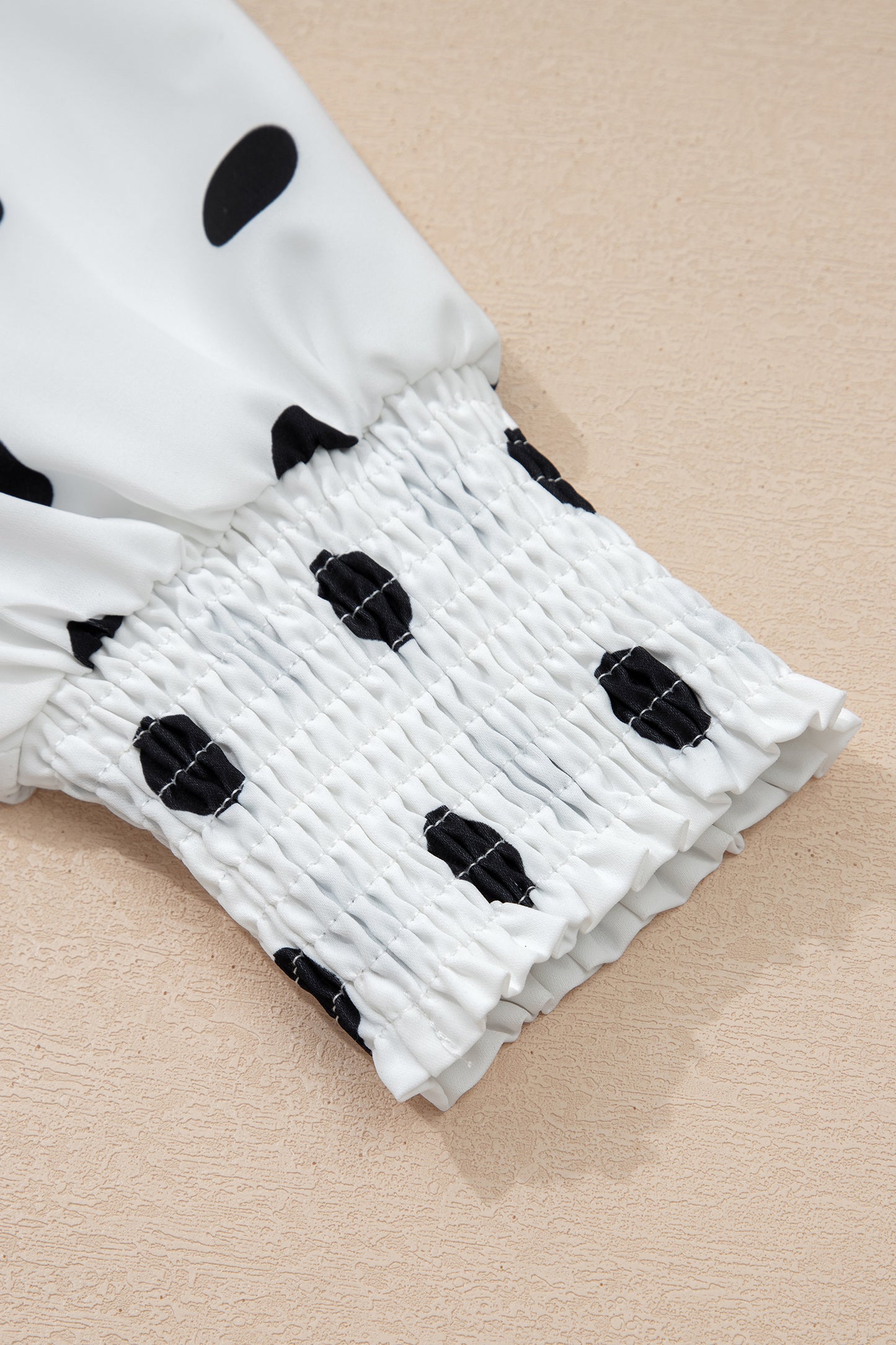 White Polka Dot Blouse Smocked Cuff Puff Sleeve Top