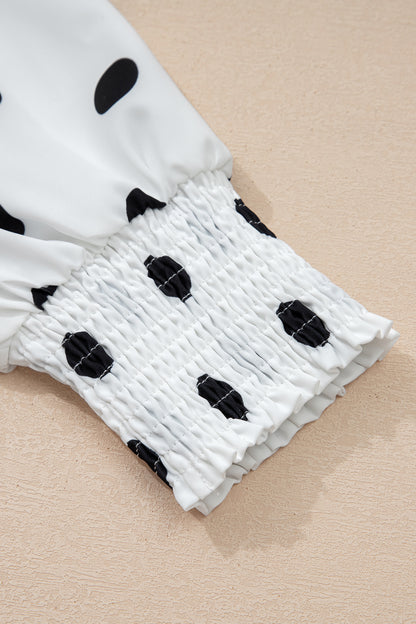 White Polka Dot Blouse Smocked Cuff Puff Sleeve Top