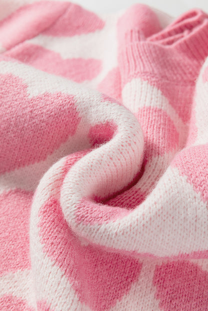 Pink Valentine Heart Print Cozy Knit Sweater for Women