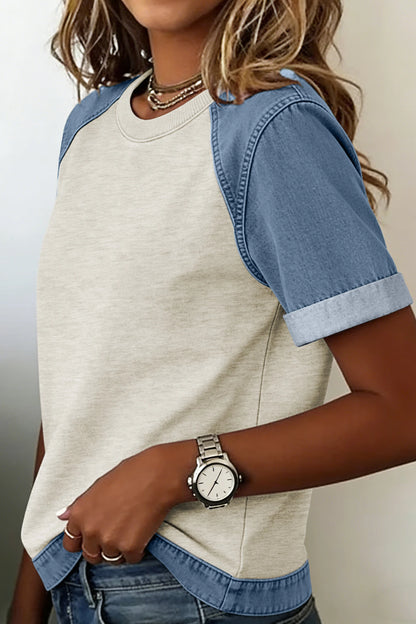 Beige Denim Patchwork Color Block Casual Crew Neck Tee