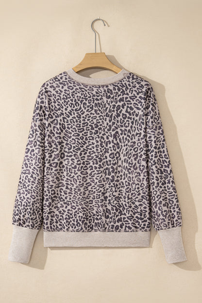 Leopard Print Long Sleeve Crew Neck Casual Sweatshirt