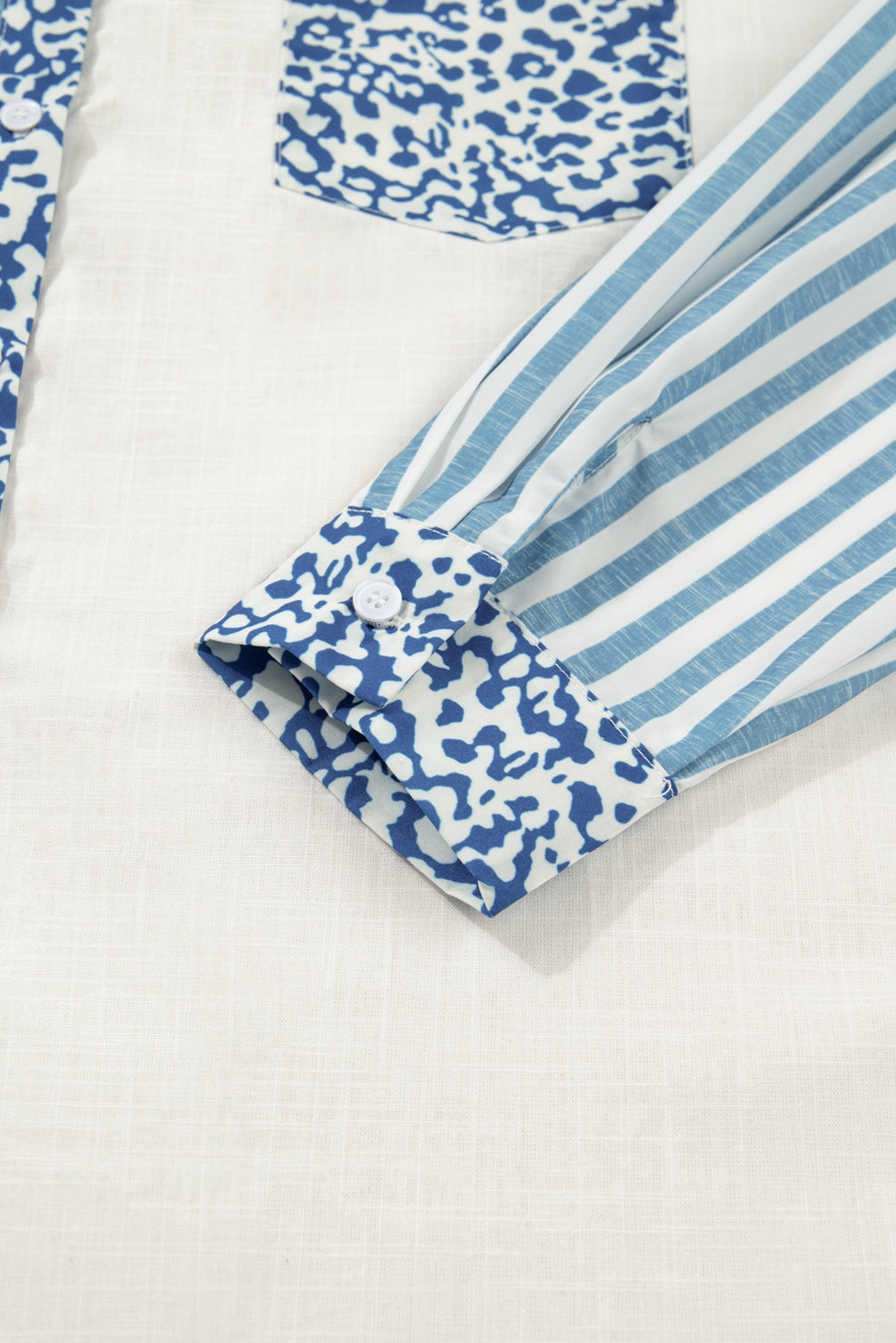 Sky Blue Striped Leopard Patchwork Cotton Plus Shirt
