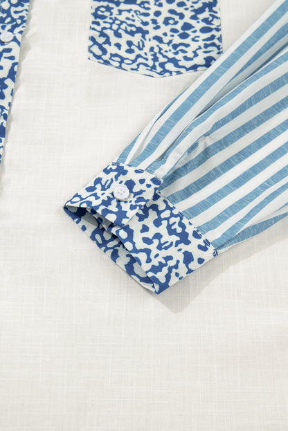 Sky Blue Striped Leopard Patchwork Cotton Plus Shirt