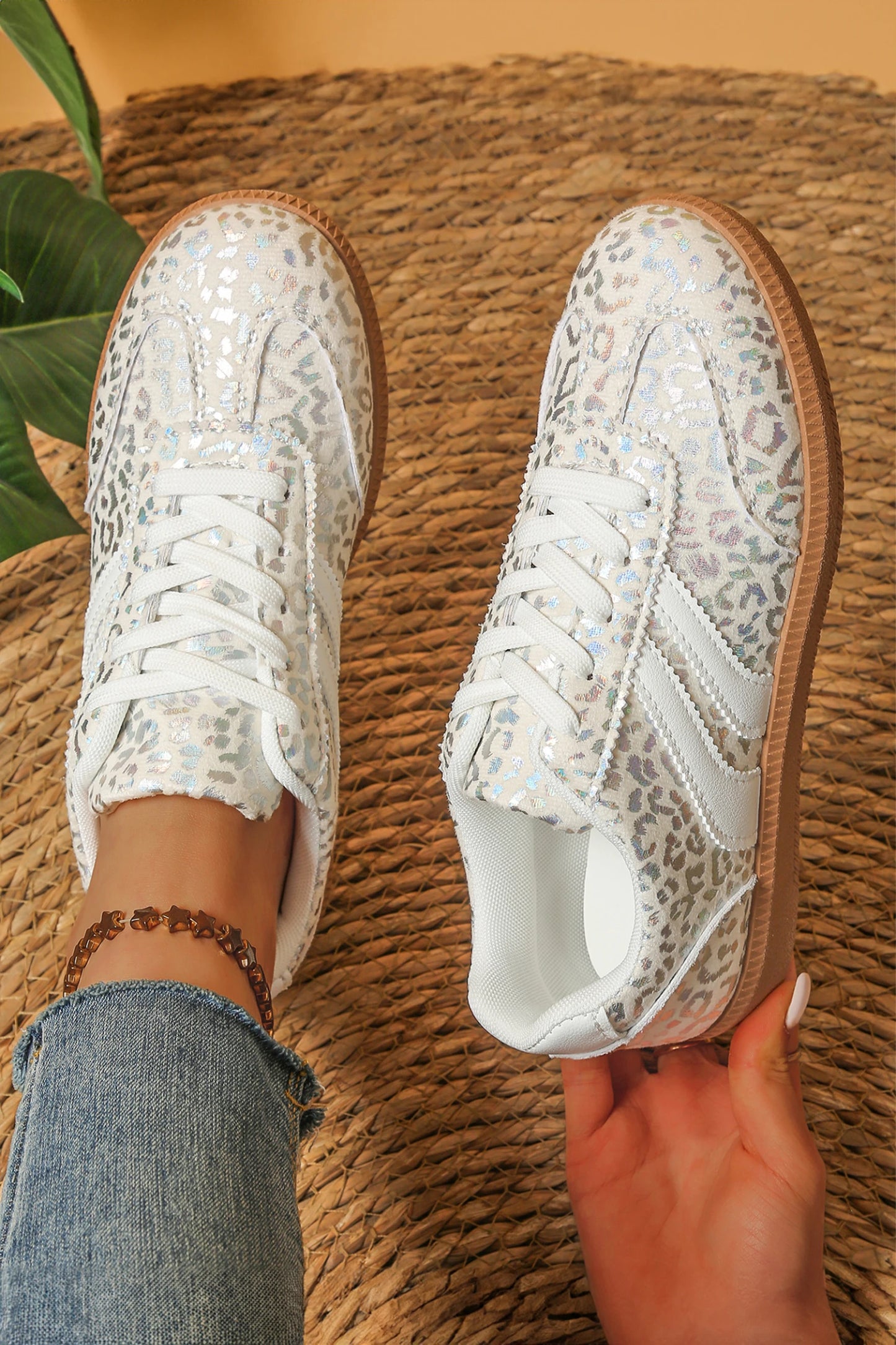 Leopard Print Shimmer Lace Up Sneakers PU Leather Shoes