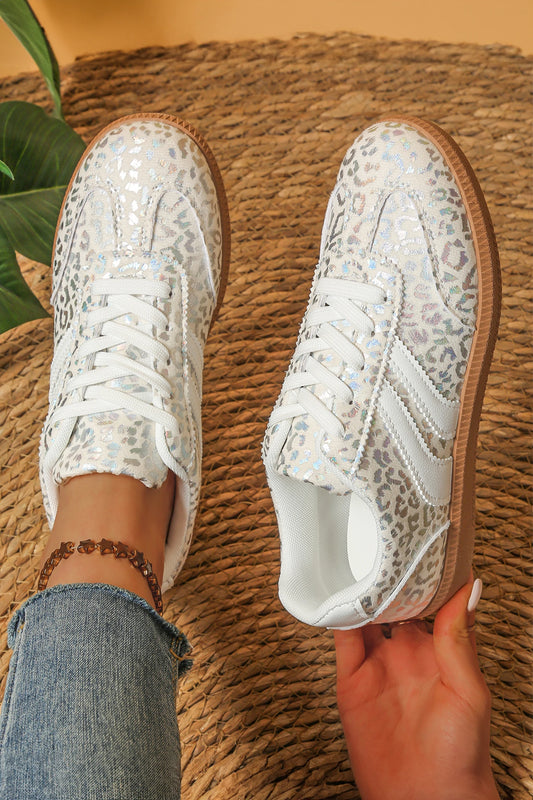 Leopard Print Shimmer Lace Up Sneakers PU Leather Shoes