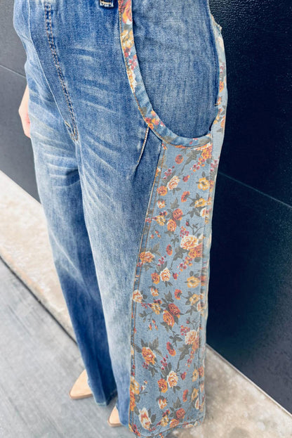 Blue Floral Patchwork Wide Leg Denim Overalls Jumpsuit