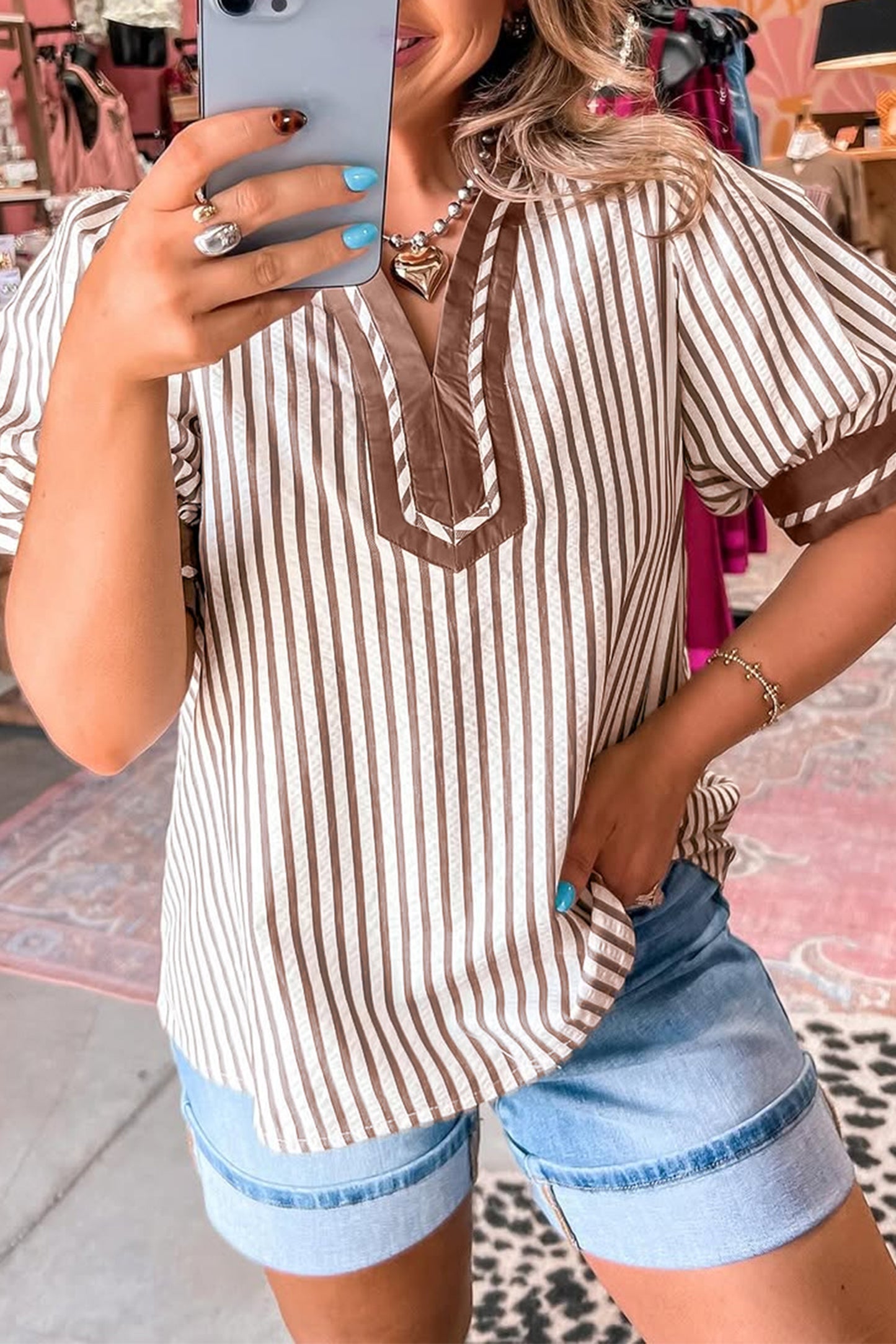 Khaki Striped Split Neck Puff Sleeve Blouse Top