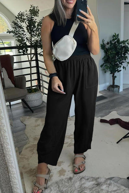 Black Plus Size Elastic Waist Asymmetrical Loose Capris Pants