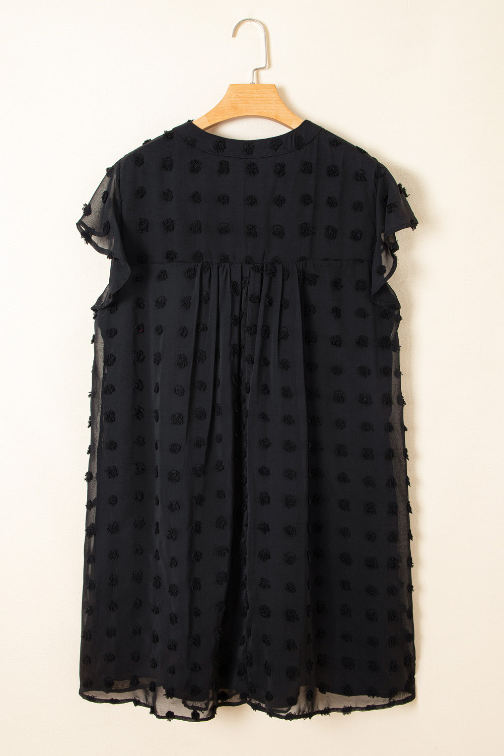 Navy Blue Dotty Textured Notched Neck Plus Ruffled Dress