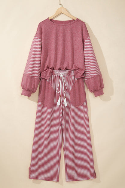 Women’s Stripe 2 Piece Lounge Set Long Sleeve Top Wide Leg Pants
