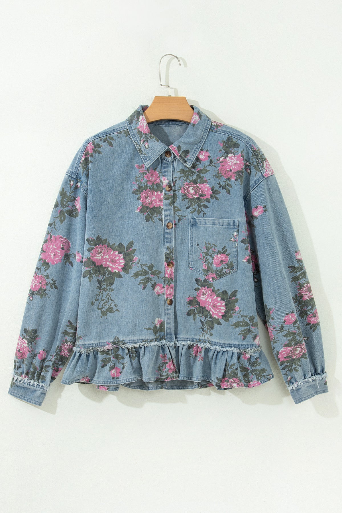 Floral Denim Jacket Ruffle Hem Puff Sleeve Cropped