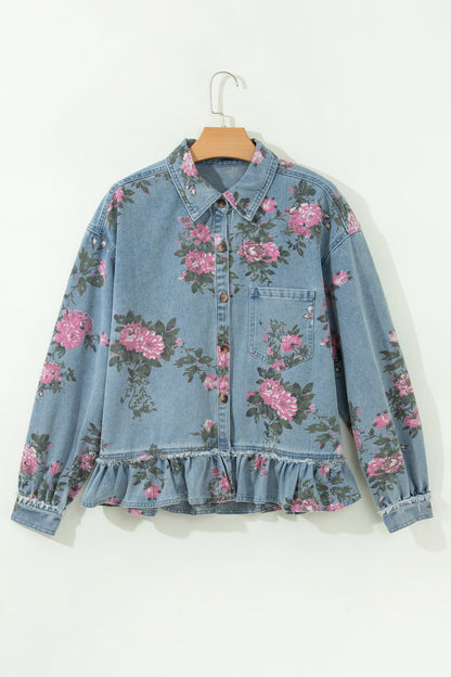Floral Denim Jacket Ruffle Hem Puff Sleeve Cropped