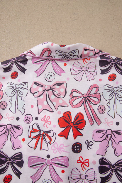 Pink Cute Ribbon Bows Printed Shirt Style 2pcs Pajama Set