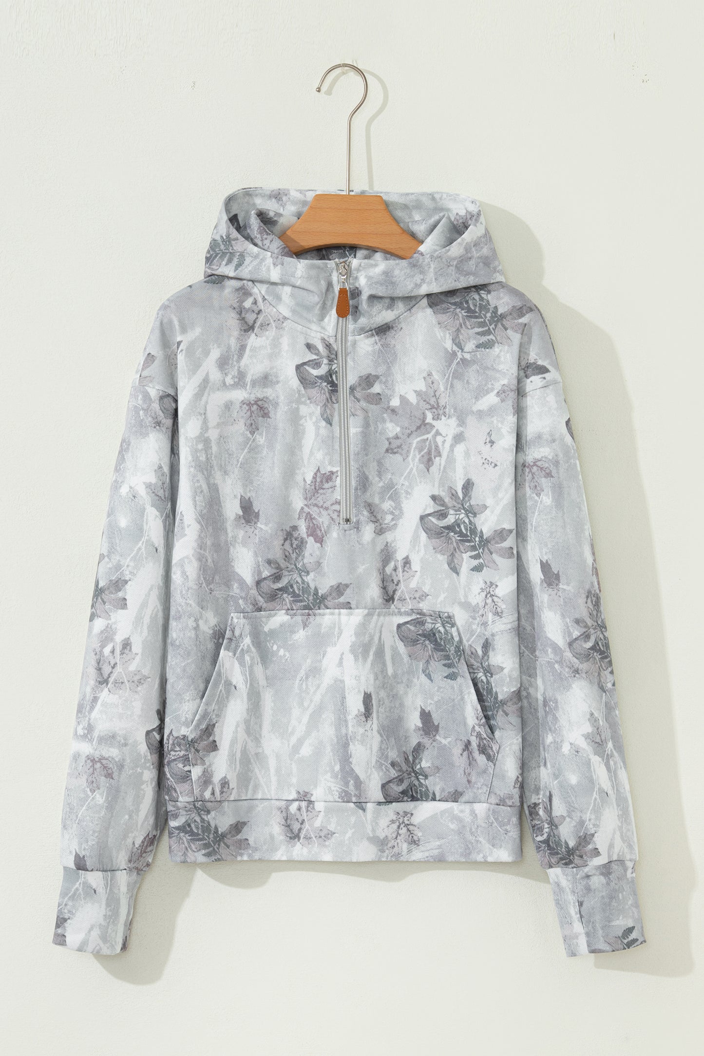 Gray Camo Leaf Print Quarter Zip Hoodie with Pocket