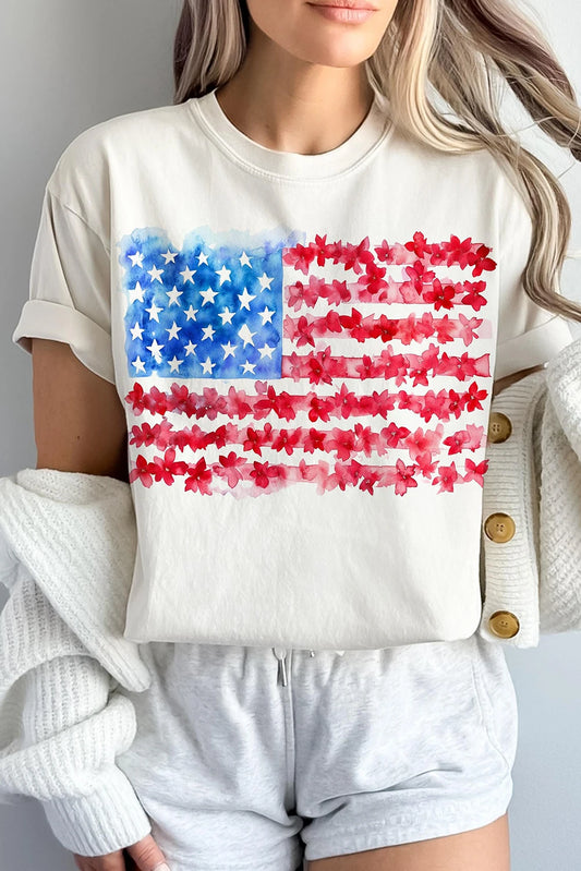 USA Floral Flag Tee Independence Day Patriotic Top