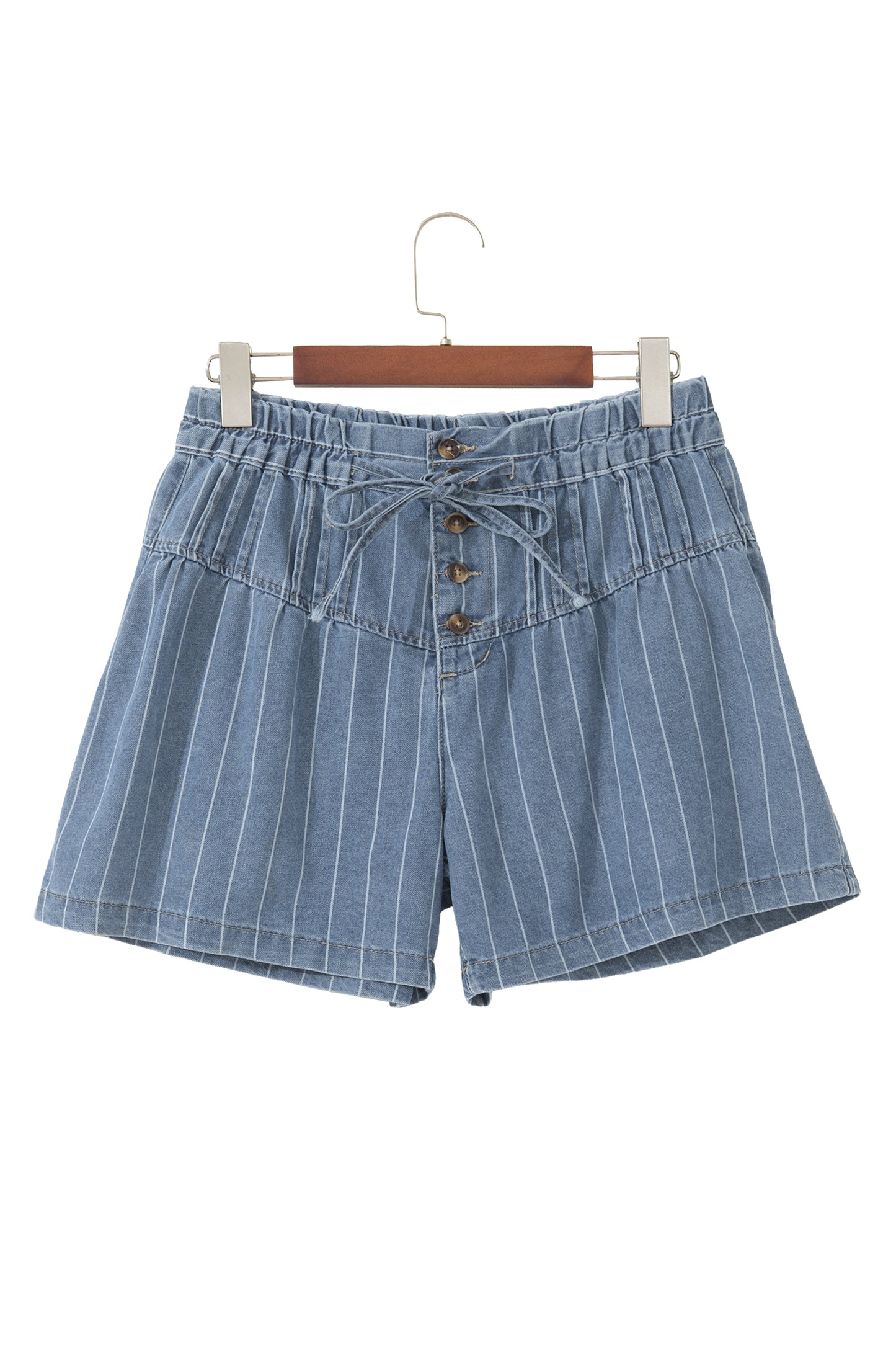 Sky Blue Stripe High Waist Button Denim Shorts Drawstring