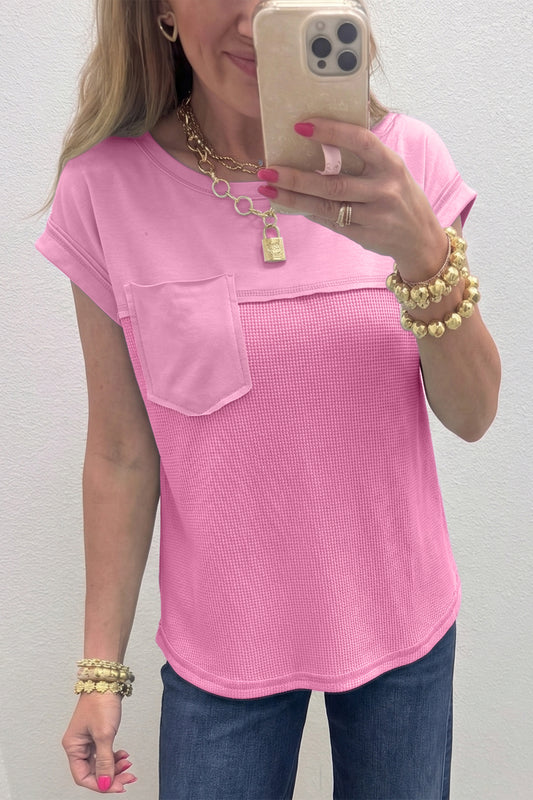 Waffle Knit Patchwork Pocket Loose Fit Casual T Shirt