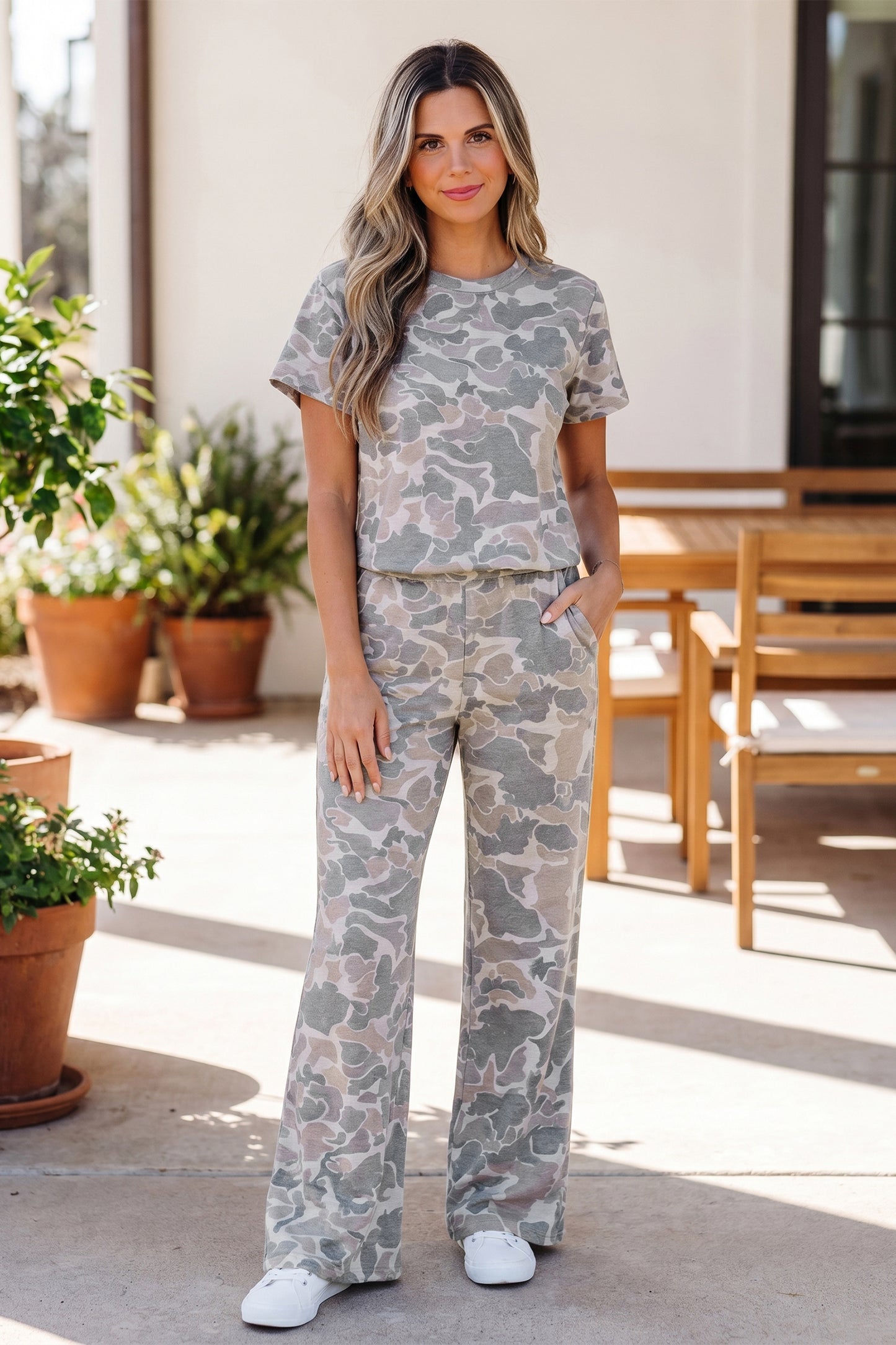 Camo Print Cotton Tee & Wide Leg Lounge Set