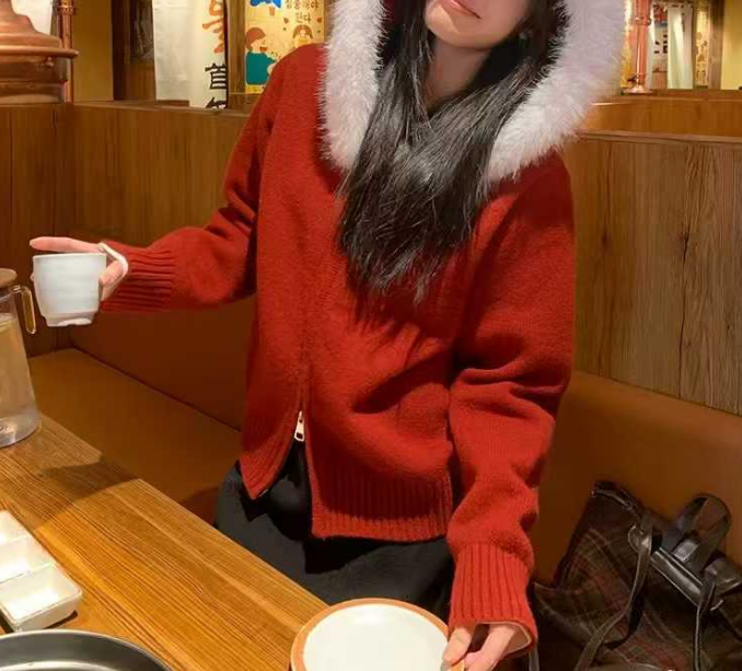 Women's Faux Fur Collar Hooded Zip-Up Cardigan Sweater