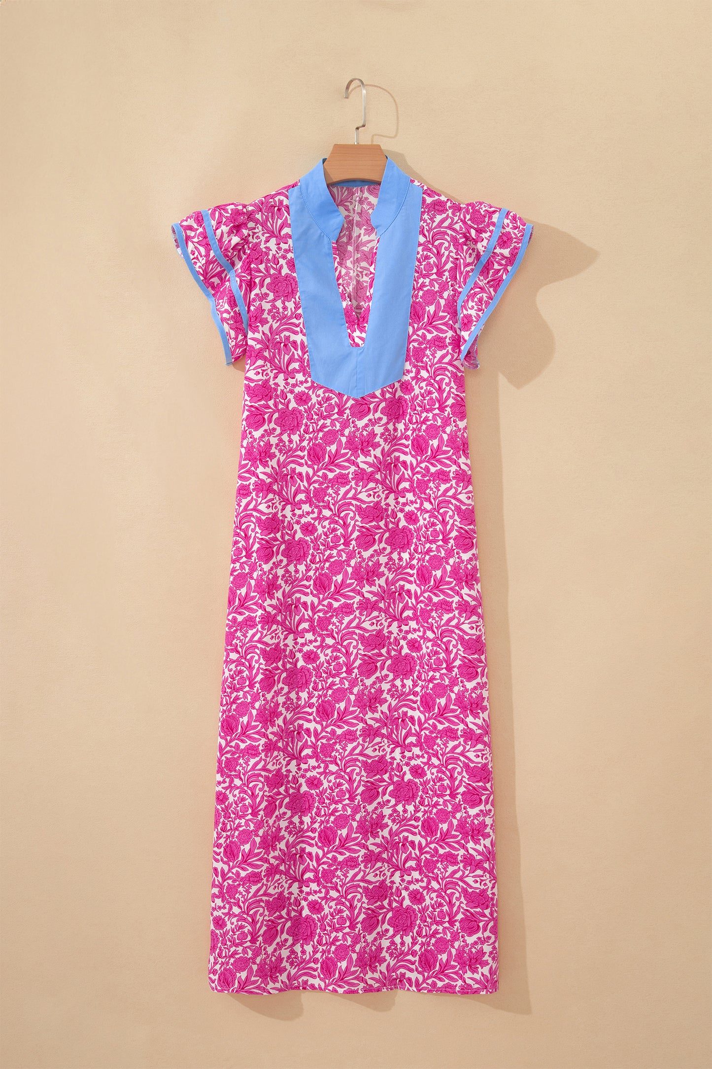 Floral Color Block V Neck Flutter Sleeve Midi Dress