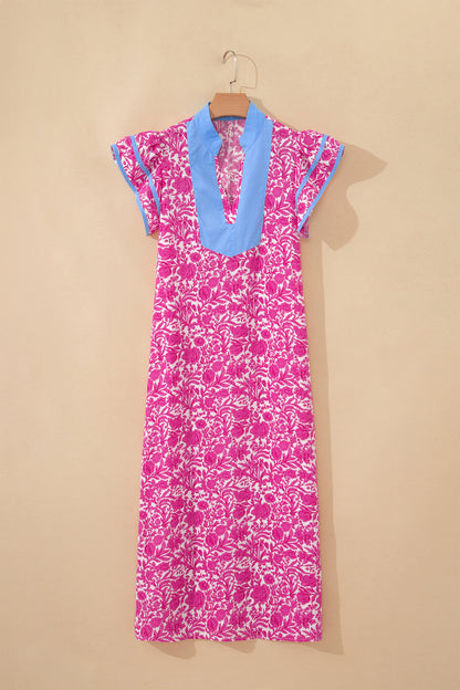 Floral Color Block V Neck Flutter Sleeve Midi Dress