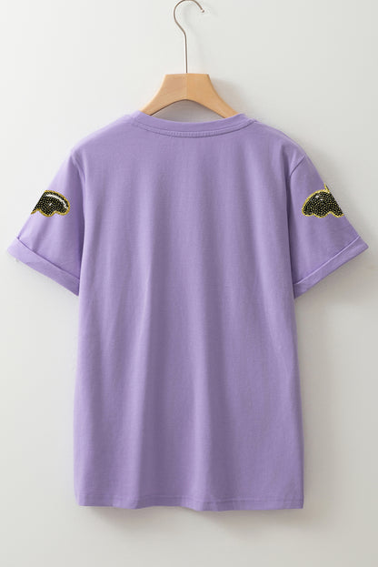 Purple Sequin Halloween Bat Graphic Casual T Shirt