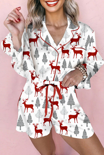 Red Reindeer Christmas Print Long Sleeve Pajama Shorts Set