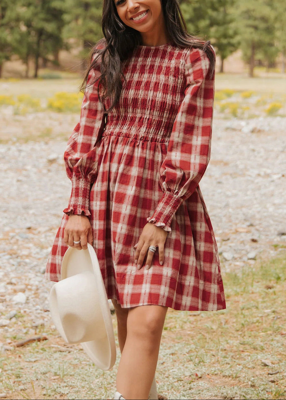 Red Plaid Print Smocked Puff Sleeve Mini Dress