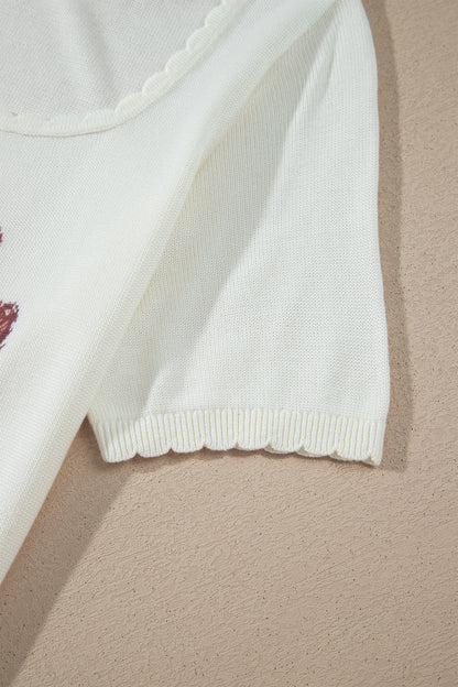 Western Floral Knit Top Square Neck Short Sleeve Sweater