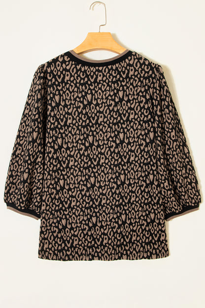 Leopard Print Crew Neck Puff Sleeve Knit Top